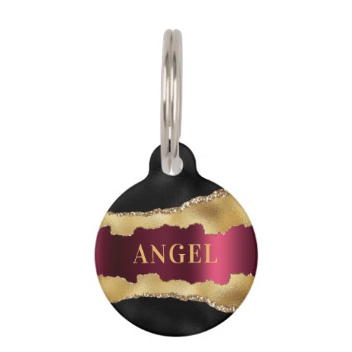 Black burgundy gold agate marble glitter name pet ID tag