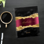 Black burgundy gold agate marble name planner<br><div class="desc">Black burgundy and faux gold,  agate,  marble stone print as background. Personalize and add your name and a year. The name is written with a modern hand lettered style script.</div>