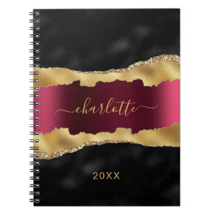 Black burgundy gold agate marble name script notebook