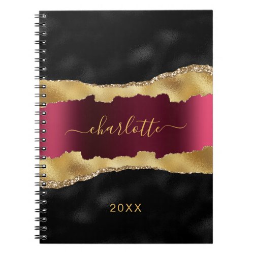 Black burgundy gold agate marble name script notebook