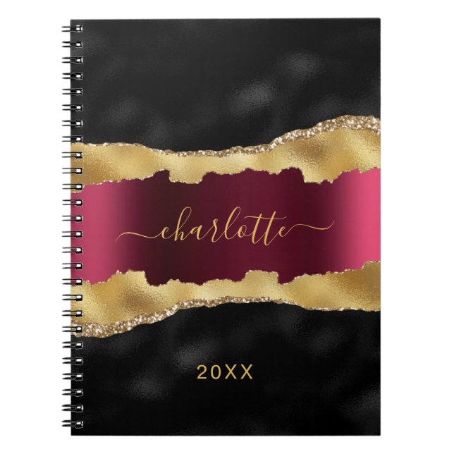 Black burgundy gold agate marble name script notebook (Front)