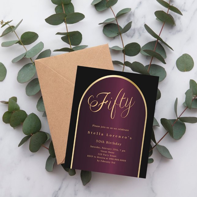 Black burgundy gold arch 50th birthday invitation (Creator Uploaded)