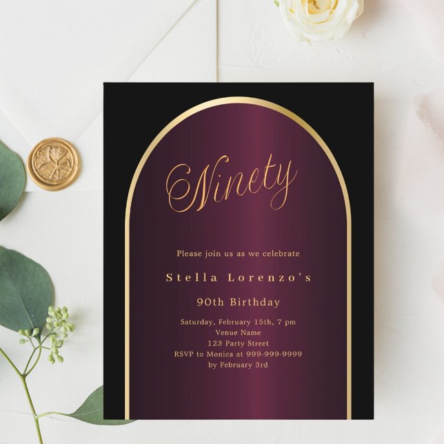 Black burgundy gold arch 90th birthday invitation (Creator Uploaded)