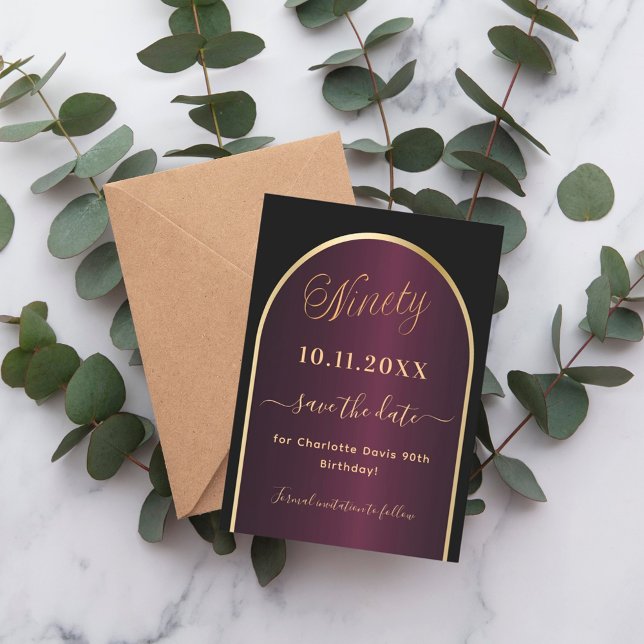 Black burgundy gold arch 90th birthday save the date (Creator Uploaded)
