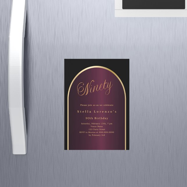 Black burgundy gold arch luxury 90th birthday magnetic invitation (Creator Uploaded)
