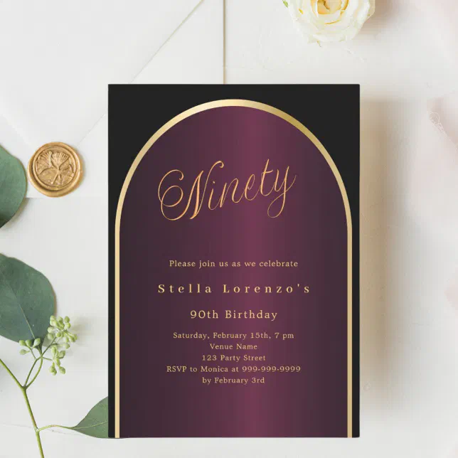 Black burgundy gold arch script 90th birthday invitation | Zazzle