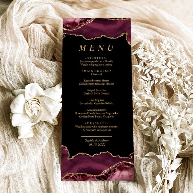 Black & Burgundy Gold Calligraphy Wedding Menu (Creator Uploaded)
