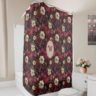 Black Burgundy Gold Cream Vintage Floral Monogram
