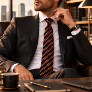 Black Burgundy Gold Diagonal Striped Neck Tie