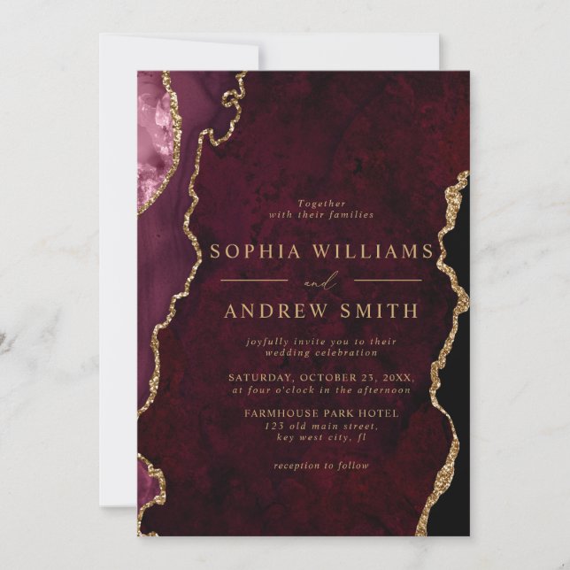 Black & Burgundy Gold Modern Wedding Invitation (Front)