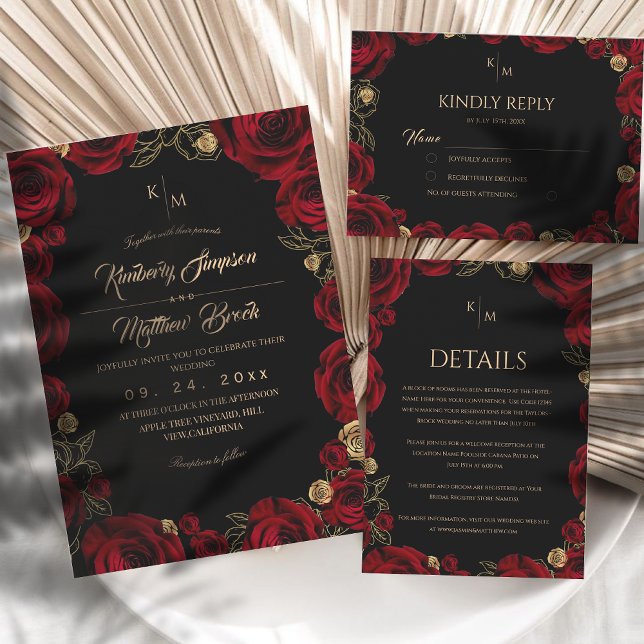 Black Burgundy⎮ Gold Rose Floral Boho Wedding Invitation (Creator Uploaded)