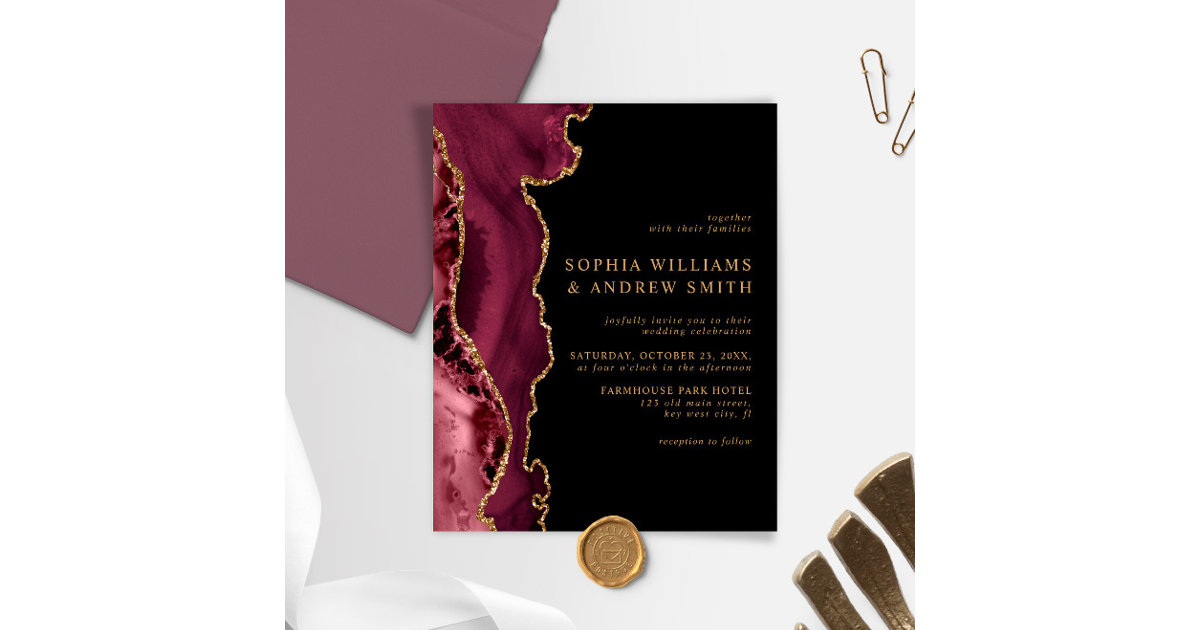Black Burgundy Gold Wedding Invitation Zazzle