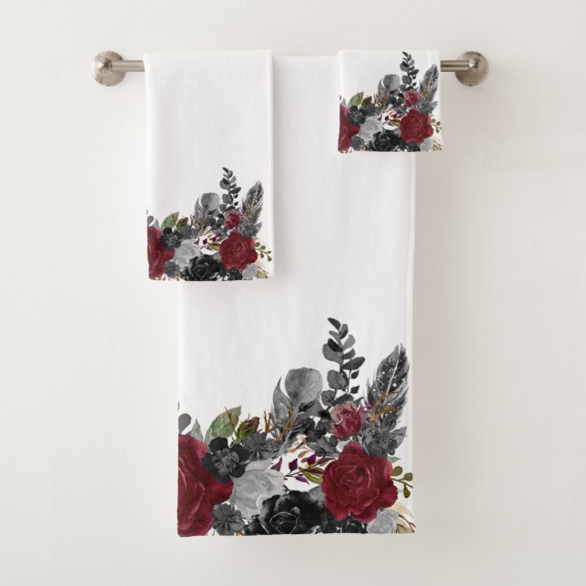 Black Burgundy Goth Flower Rose Bath Halloween   Towel Set (Insitu)