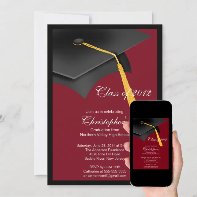 Black Burgundy Grad Cap Graduation Party Invitation Zazzle 1049