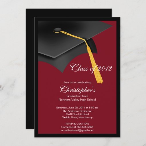 Black Burgundy Grad Cap Graduation Party Invitation | Zazzle