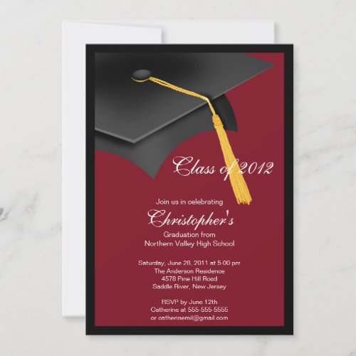 Black Burgundy Grad Cap Graduation Party Invitation