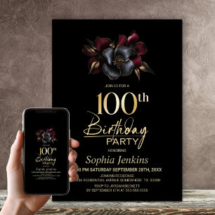 Black Burgundy Grey Floral 100th Birthday Party Invitation