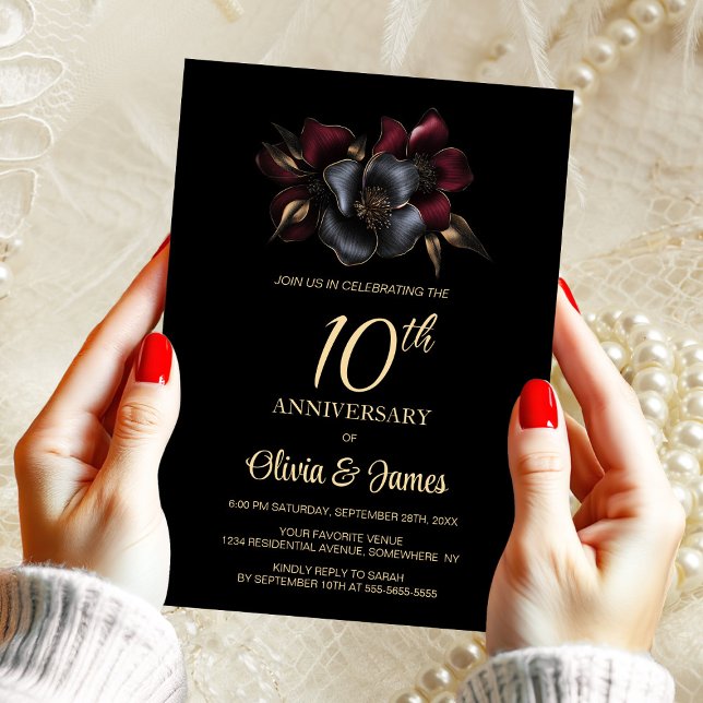 Black Burgundy Grey Floral 10th Anniversary Invitation (Creator Uploaded)