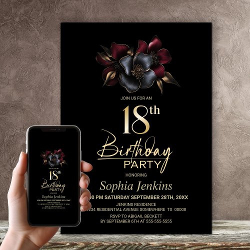 Black Burgundy Grey Floral 18th Birthday Party