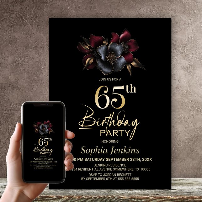 Black Burgundy Grey Floral 65th Birthday Party Invitation (Creator Uploaded)