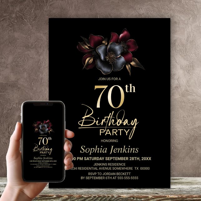 Black Burgundy Grey Floral 70th Birthday Party Invitation (Creator Uploaded)