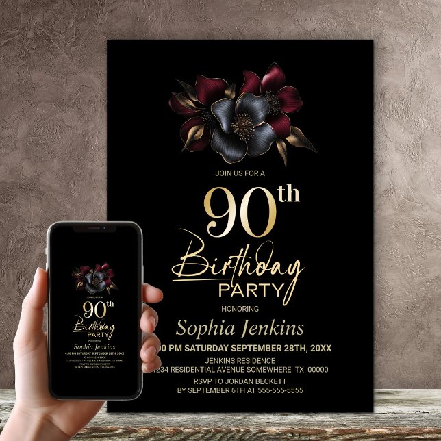 Black Burgundy Grey Floral 90th Birthday Party Invitation (Creator Uploaded)