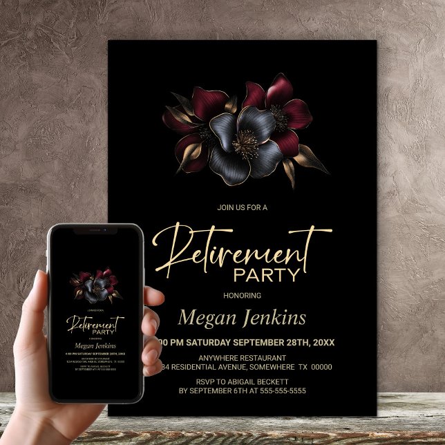 Black Burgundy Grey Floral Retirement Party Invitation (Creator Uploaded)