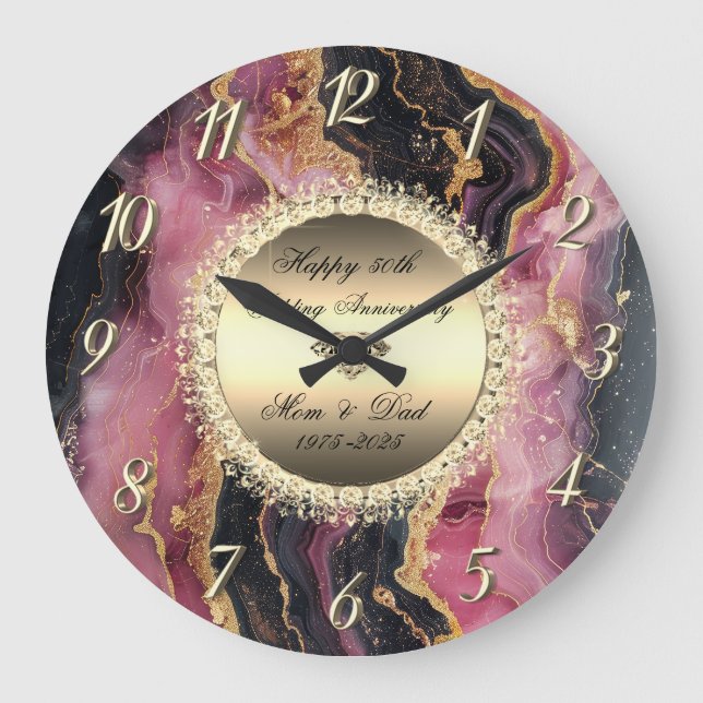Black Burgundy Marble 50 Wedding Anniversary Large Clock (Front)