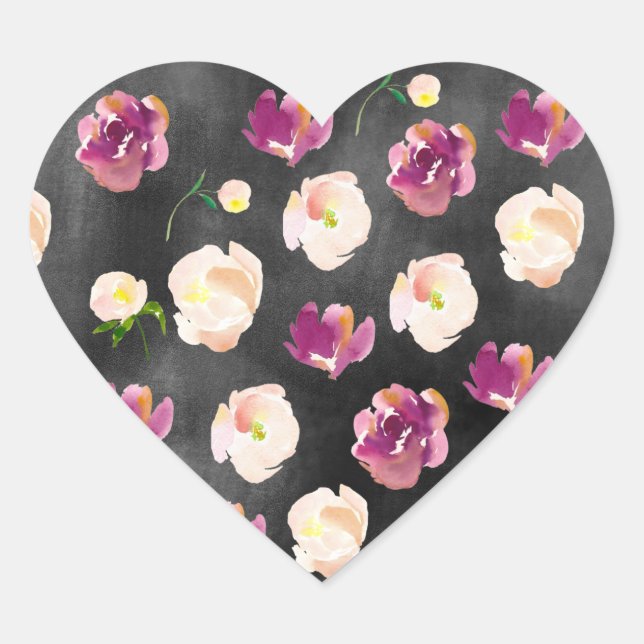 Black Burgundy Peach Floral Heart Sticker (Front)