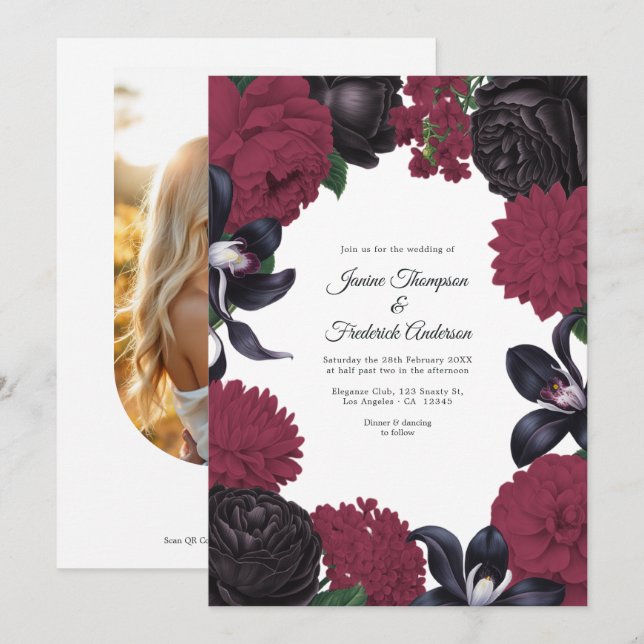 Black & Burgundy Photo/QR Code Floral Wedding Invitation (Front/Back)