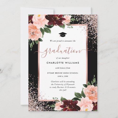 Black Burgundy Pink Rose Gold Floral Graduation Announcement