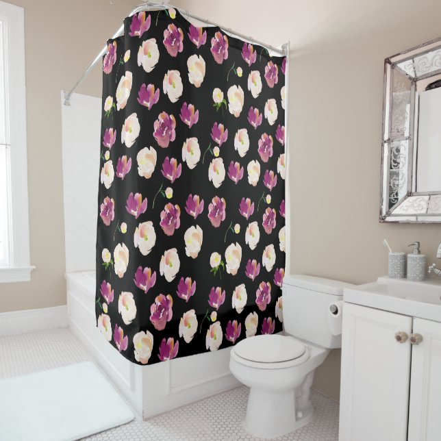 Black Burgundy Pink Watercolor Floral Shower Curtain (In Situ)