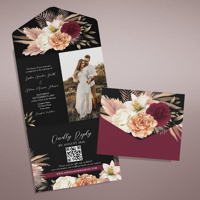 Black Burgundy QR Code Wedding All In One Invitation (Creator Uploaded)
