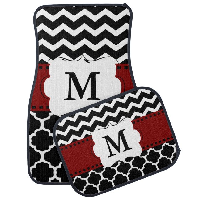 Black Burgundy Quatrefoil Chevron Monogram Car Floor Mat (Set)