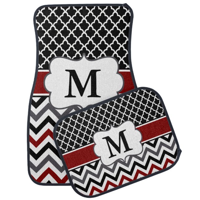 Black Burgundy Quatrefoil Chevron Monogram Car Floor Mat (Set)