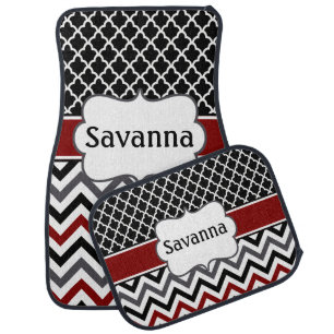 Black Burgundy Quatrefoil Chevron Personalized Car Floor Mat