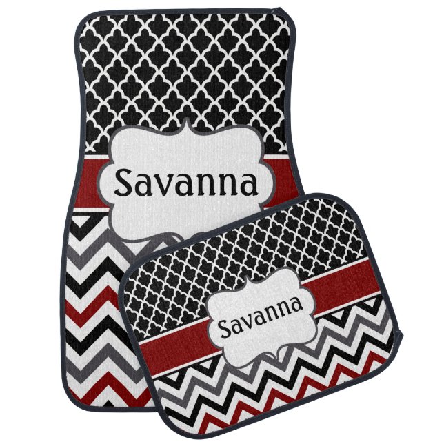Black Burgundy Quatrefoil Chevron Personalized Car Floor Mat (Set)
