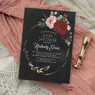 Black Burgundy Red and Gold Floral Baby Shower Invitation
