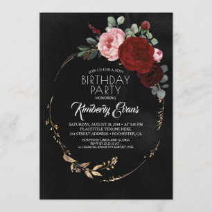 Black Burgundy Red and Gold Floral Modern Birthday Invitation