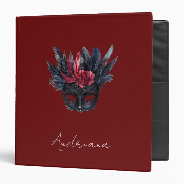Black Burgundy Red Feathers Mask 3 Ring Binder (Front/Inside)