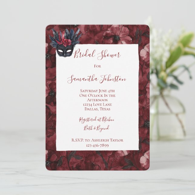 Black Burgundy Red Feathers Mask Bridal Shower Invitation (Standing Front)