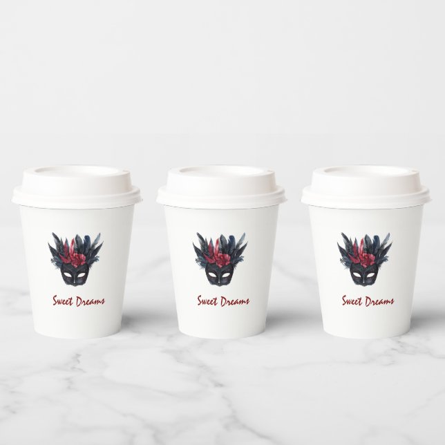 Black Burgundy Red Feathers Mask Bridal Shower Paper Cups (Multi)