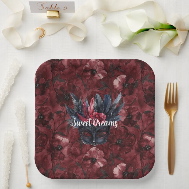 Black Burgundy Red Feathers Mask Bridal Shower Paper Plates (Wedding)