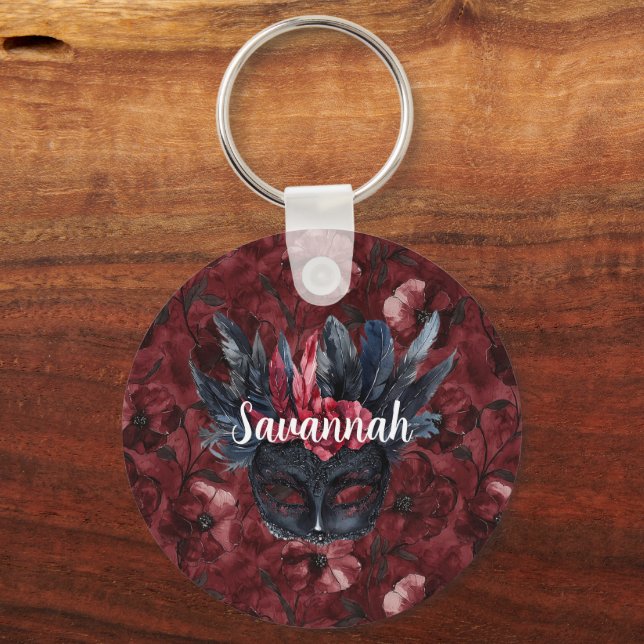 Black Burgundy Red Feathers Mask Keychain (Front)