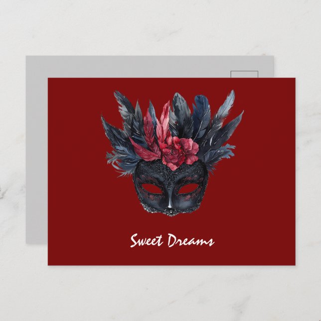 Black Burgundy Red Feathers Mask Postcard (Front/Back)