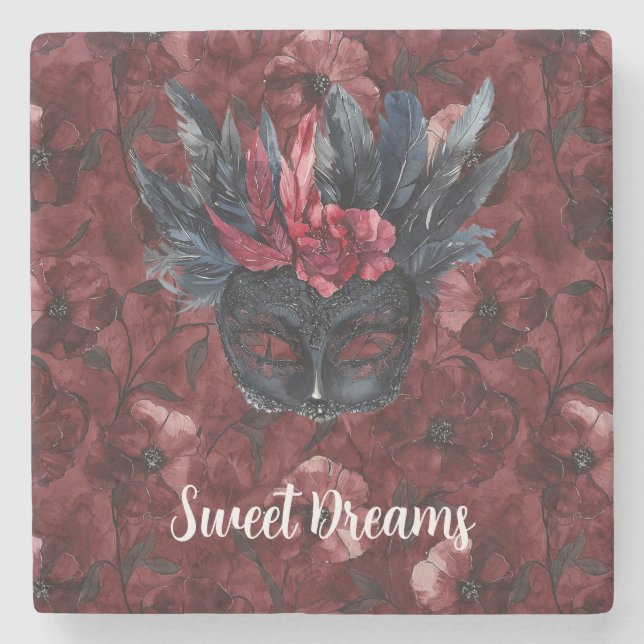 Black Burgundy Red Feathers Mask Stone Coaster (Front)