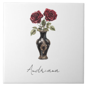 Black Burgundy Red Floral Vase Ceramic Tile