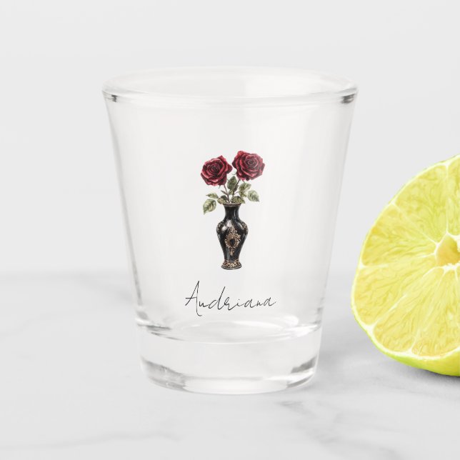 Black Burgundy Red Floral Vase Shot Glass (Front)