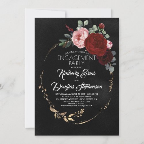 Black Burgundy Red Gold Floral Engagement Party Invitation