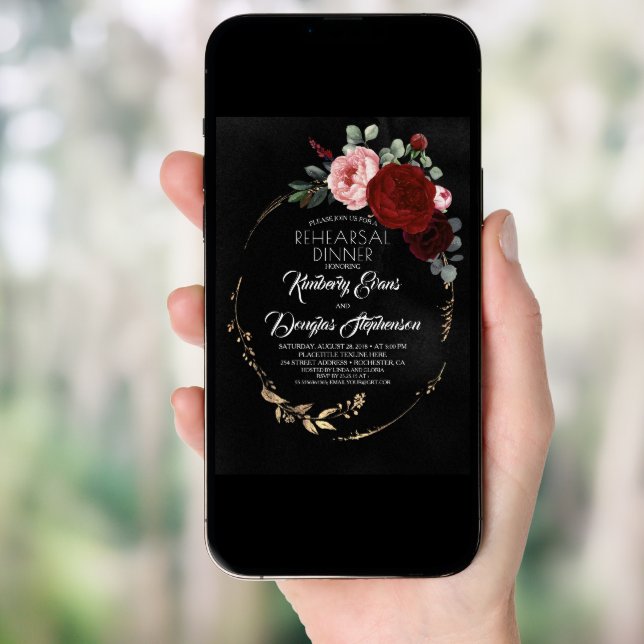 Black Burgundy Red Gold Floral Rehearsal Dinner Invitation (Front Digital)